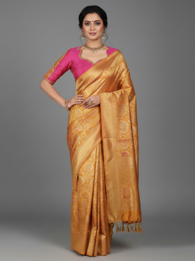 Yellow Saree With Pink Blouse